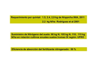 Requerimiento por quintal: 1.5, 2.4, 2,9 kg de N/qqm/ha INIA, 2011
                            2.2 kg N/ha Rodríguez et al 2001




Suministro de Nitrógeno del suelo: 90 kg N; 105 kg N; 110; 115 kg
N/ha en rotación cultivos anuales suelos trumao IX región. UFRO




Eficiencia de absorción del fertilizante nitrogenado: 50 %
 