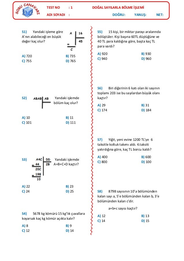 Test 1 Dogal Sayilarla Bolme Islemi