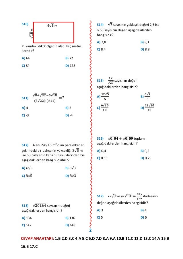 8 Sinif Karekoklu Sayilar Yaprak Testi 1