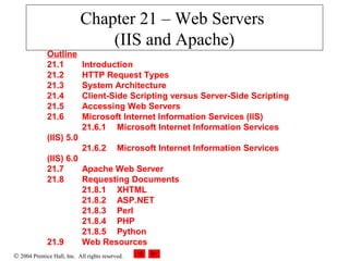 Chapter 21 – Web Servers
                                (IIS and Apache)
              Outline
              21.1           Introduction
              21.2           HTTP Request Types
              21.3           System Architecture
              21.4           Client-Side Scripting versus Server-Side Scripting
              21.5           Accessing Web Servers
              21.6           Microsoft Internet Information Services (IIS)
                             21.6.1 Microsoft Internet Information Services
              (IIS) 5.0
                             21.6.2         Microsoft Internet Information Services
              (IIS) 6.0
              21.7      Apache Web Server
              21.8      Requesting Documents
                        21.8.1 XHTML
                        21.8.2 ASP.NET
                        21.8.3 Perl
                        21.8.4 PHP
                        21.8.5 Python
              21.9      Web Resources
© 2004 Prentice Hall, Inc. All rights reserved.
 