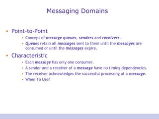 Messaging Domains
• Point-to-Point
• Concept of message queues, senders and receivers.
• Queues retain all messages sent to them until the messages are
consumed or until the messages expire.
• Characteristic
• Each message has only one consumer.
• A sender and a receiver of a message have no timing dependencies.
• The receiver acknowledges the successful processing of a message.
• When To Use?
 