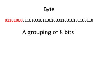 Byte0110100001101001011001000110010101100110A grouping of 8 bits