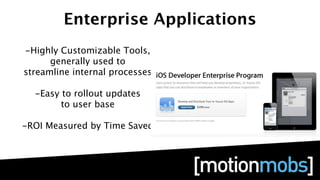 Enterprise Applications
-Highly Customizable Tools,
      generally used to
streamline internal processes

  -Easy to rollout updates
        to user base

-ROI Measured by Time Saved
 