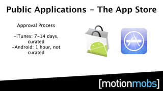 Public Applications - The App Store
   Approval Process

  -iTunes: 7-14 days,
        curated
 -Android: 1 hour, not
        curated
 