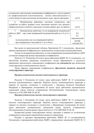 12



установлены персональные повышающие коэффициенты с учетом уровня
их профессиональной подготовленности, степени самостоятельности и
ответственности при выполнении поставленных задач, другим критериям        до 0,5

      6.    Медицинскому работнику, молодому специалисту, при
устройстве на работу впервые после окончания высшего или среднего
профессионального учебного заведения в течении первых трех лет работы      до 0,2

      7.    Медицинскому работнику за ста непрерывной медицинской
работы в ДОУ - при стаже непрерывной медицинской работы от 0 до 3-х          0,3
лет                                                                          0,1
                                                                        максимальный
      - за последующие два года непрерывной работы                         размер
      - при непрерывном стаже работы 5 лет и более                       составит 0,4

      Как видно из представленной таблицы, Приложение № 3 установлены предельные
уровни повышающих коэффициентов к минимальным должностным окладам работников.
      Только по медицинскому работнику за стаж непрерывной медицинской работы в ДОУ
установлен конкретный размер повышающего коэффициента.
      Пунктом 3.5. Положения об оплате труда работников МДОУ № 13 установлено, что
абсолютная величина повышения должностного оклада образованного в результате
применения персонального повышающего коэффициента не учитывается при начислении
стимулирующих и компенсационных выплат.
      Таким образом, повышающие коэффициенты, фактически являются выплатой
стимулирующего характера.

      Проверка установления выплат компенсационного характера.

      Разделом 4 Положения об оплате труда работников МДОУ № 13 установлены
выплаты компенсационного характера. Перечень выплат компенсационного характера и
порядок их выплаты установлен в соответствии с Трудовым Кодексом Российской
Федерации и Примерными положениями об оплате труда работников муниципальных
учреждений города Апатиты, утвержденных Постановлениями Администрации города
Апатиты от 27.01.2009 №№ 39, 40, 46.
      Проверка установления выплат стимулирующего характера.

      Разделом 5 Положения об оплате труда работников МДОУ № 13 установлены
выплаты стимулирующего характера. Перечень выплат стимулирующего характера и
порядок их выплаты установлен в соответствии с Примерными положениями об оплате
труда работников муниципальных учреждений города Апатиты, утвержденных
Постановлениями Администрации города Апатиты от 27.01.2009 №№ 39, 40, 46.
      Конкретный размер стимулирующих выплат, критерии и порядок их установления
утверждаются локальными нормативными актами по учреждению.
      Размеры и критерии премирования работников МДОУ № 13 устанавливаются
Положением о премировании работников МДОУ, утвержденным заведующей МДОУ № 13
 