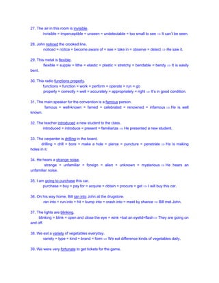 27. The air in this room is invisible.
invisible = imperceptible = unseen = undetectable = too small to see  It can’t be seen.
28. John noticed the crooked line.
noticed = notice = become aware of = see = take in = observe = detect  He saw it.
29. This metal is flexible.
flexible = supple = lithe = elastic = plastic = stretchy = bendable = bendy  It is easily
bent.
30. This radio functions properly.
functions = function = work = perform = operate = run = go
properly = correctly = well = accurately = appropriately = right  It’s in good condition.
31. The main speaker for the convention is a famous person.
famous = well-known = famed = celebrated = renowned = infamous  He is well
known.
32. The teacher introduced a new student to the class.
introduced = introduce = present = familiarize  He presented a new student.
33. The carpenter is drilling in the board.
drilling = drill = bore = make a hole = pierce = puncture = penetrate  He is making
holes in it.
34. He hears a strange noise.
strange = unfamiliar = foreign = alien = unknown = mysterious  He hears an
unfamiliar noise.
35. I am going to purchase this car.
purchase = buy = pay for = acquire = obtain = procure = get  I will buy this car.
36. On his way home, Bill ran into John at the drugstore.
ran into = run into = hit = bump into = crash into = meet by chance  Bill met John.
37. The lights are blinking.
blinking = blink = open and close the eye = wink =bat an eyelid=flash They are going on
and off.
38. We eat a variety of vegetables everyday.
variety = type = kind = brand = form  We eat difference kinds of vegetables daily.
39. We were very fortunate to get tickets for the game.
 