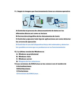 11. Según la imagen que funcionamiento tiene un sistema operativo
A-Controlar el proceso de almacenamiento de datos en los
diferentes discos así como su lectura
B-Correcciónortográfica de los documentos de texto
C-Controlar y ejecutar todo tipo de aplicaciones asi como detectar
los errores de ejecución
D-Controlar el uso del dispositivo físico del ordenador y detectar
los posibles errores que se produzcan en su funcionamiento
12. La última versión de Windows es
A- Windows xp profesional
B- Windows vista
C- Windows server
D- Ninguna de las anteriores
13.Las versiones de GNU/Linux se las conoce con el nombre de
A-Actualizaciones
B-Distribuciones
C-Variaciones
D-Versiones de GNU/Linux
 