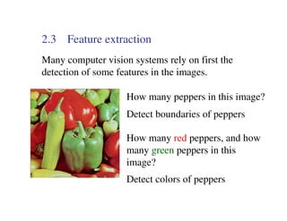 2.3 Feature extraction
Many computer vision systems rely on first the
detection of some features in the images.

                    How many peppers in this image?
                    Detect boundaries of peppers

                    How many red peppers, and how
                    many green peppers in this
                    image?
                    Detect colors of peppers
 
