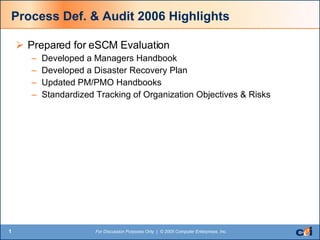 Process Def. & Audit 2006 Highlights ,[object Object],[object Object],[object Object],[object Object],[object Object]