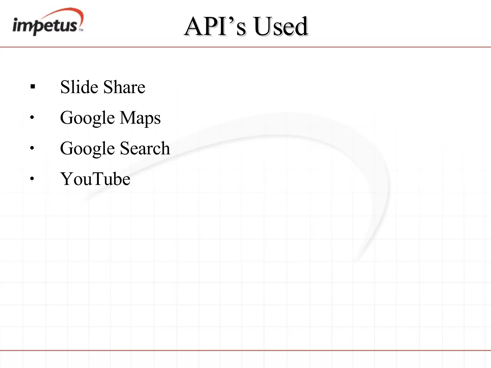API’s Used Slide Share Google Maps Google Search YouTube  