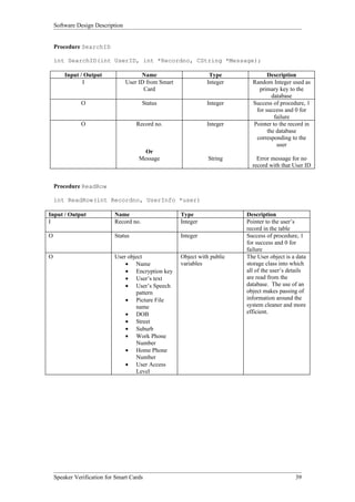 Software Design Description


    Procedure SearchID

    int SearchID(int UserID, int *Recordno, CString *Message);

        Input / Output                  Name                      Type              Description
               I                  User ID from Smart             Integer      Random Integer used as
                                         Card                                   primary key to the
                                                                                      database
               O                         Status                  Integer      Success of procedure, 1
                                                                               for success and 0 for
                                                                                       failure
               O                      Record no.                 Integer      Pointer to the record in
                                                                                    the database
                                                                               corresponding to the
                                                                                        user
                                         Or
                                       Message                    String        Error message for no
                                                                              record with that User ID


    Procedure ReadRow

    int ReadRow(int Recordno, UserInfo *user)

Input / Output              Name                       Type                 Description
I                           Record no.                 Integer              Pointer to the user’s
                                                                            record in the table
O                           Status                     Integer              Success of procedure, 1
                                                                            for success and 0 for
                                                                            failure
O                           User object                Object with public   The User object is a data
                                • Name                 variables            storage class into which
                                • Encryption key                            all of the user’s details
                                • User’s text                               are read from the
                                • User’s Speech                             database. The use of an
                                    pattern                                 object makes passing of
                                • Picture File                              information around the
                                    name                                    system cleaner and more
                                • DOB                                       efficient.
                                • Street
                                • Suburb
                                • Work Phone
                                    Number
                                • Home Phone
                                    Number
                                • User Access
                                    Level




    Speaker Verification for Smart Cards                                                        39
 