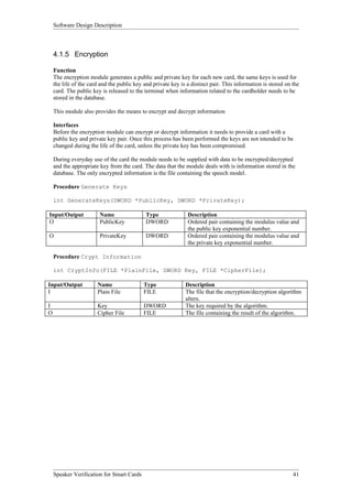 Software Design Description



    4.1.5 Encryption

    Function
    The encryption module generates a public and private key for each new card, the same keys is used for
    the life of the card and the public key and private key is a distinct pair. This information is stored on the
    card. The public key is released to the terminal when information related to the cardholder needs to be
    stored in the database.

    This module also provides the means to encrypt and decrypt information

    Interfaces
    Before the encryption module can encrypt or decrypt information it needs to provide a card with a
    public key and private key pair. Once this process has been performed the keys are not intended to be
    changed during the life of the card, unless the private key has been compromised.

    During everyday use of the card the module needs to be supplied with data to be encrypted/decrypted
    and the appropriate key from the card. The data that the module deals with is information stored in the
    database. The only encrypted information is the file containing the speech model.

    Procedure Generate Keys

    int GenerateKeys(DWORD *PublicKey, DWORD *PrivateKey);

Input/Output            Name                 Type              Description
O                       PublicKey            DWORD             Ordered pair containing the modulus value and
                                                               the public key exponential number.
O                       PrivateKey           DWORD             Ordered pair containing the modulus value and
                                                               the private key exponential number.

    Procedure Crypt Information

    int CryptInfo(FILE *PlainFile, DWORD Key, FILE *CipherFile);

Input/Output           Name                 Type              Description
I                      Plain File           FILE              The file that the encryption/decryption algorithm
                                                              alters.
I                      Key                  DWORD             The key required by the algorithm.
O                      Cipher File          FILE              The file containing the result of the algorithm.




    Speaker Verification for Smart Cards                                                                      41
 