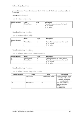 Software Design Description


    process determines if more information is needed to obtain from the database, if this is the case then it
    is displayed.

    Procedure CardPresent

    int CardPresent(void);

Inputs/Outputs           Name                 Type             Description
O                        Return Value         int              The method returns a success/fail result:
                                                               ‘1’ for success
                                                               ‘0’ for failure


    Procedure Display Results

    int DisplayResults(void);

                         Name                   Type             Description
Inputs/Outputs
O                        Return Value           int              The method returns a success/fail result:
                                                                 ‘1’ for success
                                                                 ‘0’ for failure


    Procedure Display Waveform

    int DisplayWaveform(int *SpeechSample);

Inputs/Outputs           Name                   Type             Description
I                        Speech sample          int *            The coordinates of the speech sample
O                        Return Value           int              The method returns a success/fail result:
                                                                 ‘1’ for success
                                                                 ‘0’ for failure


    Procedure Display Personal

    int DisplayPersonal(UserInfo info);

     Inputs/Outputs                 Name                           Type                      Description
I                           User Object                     Data Storage Object       Object containing public
                                                                                        variables with a users
                                                                                        personal information
                                                                                            stored in each.
O                           Return Value                 int                          The method returns a
                                                                                      success/fail result:
                                                                                      ‘1’ for success
                                                                                      ‘0’ for failure




    Speaker Verification for Smart Cards                                                                     45
 