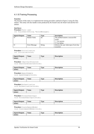 Software Design Description



4.1.10 Training Processing

Function:
The function of this entity is to implement the training procedure outlined in Figure 2 using all of the
entities. This entity will also handle events produced by the Sound Card, the Smart Card and the GUI
entities.

Interfaces:
Procedure Train user
int TrainUser(CString *ErrorMessage);

Inputs/Outputs       Name                  Type                   description
O                    Return Value          int                    The method returns a success/fail
                                                                  result:
                                                                  ‘1’ for success
                                                                  ‘0’ for failure
O                    Error Message         String                 Informs the user what type of erro has
                                                                  occurred.

Procedure Initialisation
int Initialise(void);

Inputs/Outputs       Name                  Type                   Description
(none)

Procedure SmartCardInserted
void SmartCardInserted(void);

Inputs/Outputs       Name                  Type                   Description
(none)

Procedure SpeechSample
void SpeechSample(void);

Inputs/Outputs       Name                  Type                   Description
(none)

Procedure Authentication
void Authentication(void);

Inputs/Outputs       Name                  Type                   Description
(none)

Procedure ProcessUserInput
void ProcessUserInput(void);

Inputs/Outputs       Name                  Type                   Description
(none)

Procedure CreateSpeechModel
void CreateSpeechModel(void);

Inputs/Outputs       Name                  Type                   Description
(none)




Speaker Verification for Smart Cards                                                                       48
 