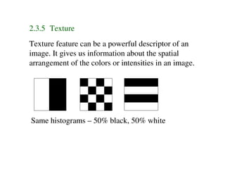 2.3.5 Texture
Texture feature can be a powerful descriptor of an
image. It gives us information about the spatial
arrangement of the colors or intensities in an image.




Same histograms – 50% black, 50% white
 