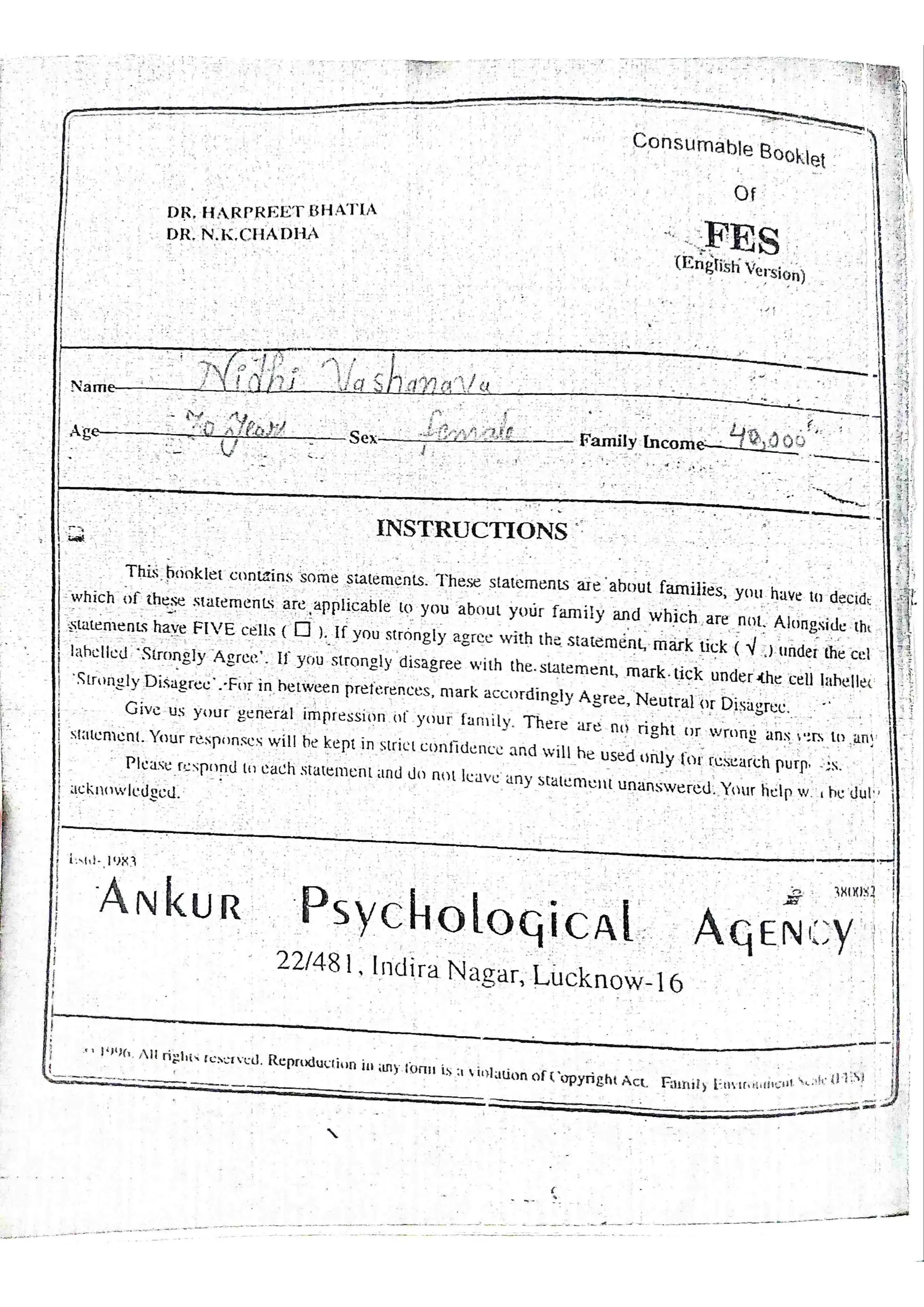 TEST FES BC Family Environment Scale Bhatia & Chadha MA Psy Sem3 2022-24