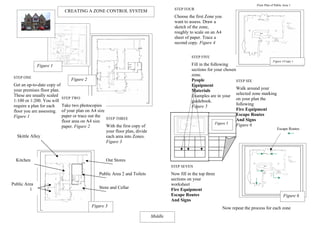 Floor Plan of Public Area 1
                                                                                      STEP FOUR
                            CREATING A ZONE CONTROL SYSTEM
                                                                                      Choose the first Zone you
                                                                                      want to assess. Draw a
                                                                                      sketch of the zone,
                                                                                      roughly to scale on an A4
                                                                                      sheet of paper. Trace a
                                                                                      second copy. Figure 4


                                                                                                STEP FIVE
                                                                                                                                                Figure 4 Copy 1
              Figure 1                                                                          Fill in the following
                                                                                                sections for your chosen
                                                                                                zone.
 STEP ONE
                                 Figure 2                                                       People                   STEP SIX
 Get an up-to-date copy of                                                                      Equipment
 your premises floor plan.                                                                                               Walk around your
                                                                                                Materials
 These are usually scaled
                           STEP TWO
                                                                                                Examples are in your selected zone marking
 1:100 or 1:200. You will                                                                                                on your plan the
                                                                                                guidebook.
 require a plan for each   Take two photocopies                                                                          following
                                                                                                Figure 5
 floor you are assessing. of your plan on A4 size                                                                        Fire Equipment
 Figure 1                  paper or trace out the                                                                        Escape Routes
                                                  STEP THREE                                                             And Signs
                           floor area on A4 size                                                              Figure 5
                           paper. Figure 2        With the first copy of                                                 Figure 6
                                                                                                                                                    Escape Routes
                                                  your floor plan, divide
   Skittle Alley                                  each area into Zones.
                                                  Figure 3



  Kitchen                                         Out Stores
                                                                                     STEP SEVEN
                                               Public Area 2 and Toilets             Now fill in the top three
                                                                                     sections on your
Public Area                                                                          worksheet
         1                                     Store and Cellar                      Fire Equipment
                                                                                     Escape Routes                                                       Figure 6
                                                                                     And Signs
                                           Figure 3                                                               Now repeat the process for each zone
                                                                            Middle
 