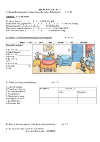 PRODUCTION ÉCRITE
A- Remets les lettres dans l’ordre et trouve les parties de la maison:          4 x5=20

Attention : Il y a des intrus

La télé est dans le I.....I.....I....I....I....I    ---[NOLXLASY]
Pour aller en haut, je prends les I....I....I....I....I....I....I....I....I....I ---[SACAVLIERSE]
Je mange dans la I....I....I....I....I....I....I....I    ---[WSINEXCUI]
Chez-moi, je travaille dans mon I....I....I....I....I....I....I ---[BUXXREAUW]
Nous dormons dans la I....I....I....I....I....I....I....I      ---[BREMOUCHA]


B- Observe le dessin et complète avec les mots proposés:                        4 x 5= 20

                dans -       à côté   --    entre –       sur    -   devant      –    sous    –       derrière
Où sont les robots ?

1- Le n° 3 est_____________
le lit et le fauteuil.
2- Le n° 5 est ______________
le placard.
3- Le n° 6 est______________
 le lit.
4- Le n° 1 est _____________
le placard, _____________ de
la télé.




C- Classe les phrases dans le tableau:                     3 x 8 = 24

1- Allons à la plage.
2- Vous fermez la porte.                      PRESENT                           IMPERATIF
3- Ils prennent le bateau.                                              Ordre                       Invitation
4- Va au tableau.
5- Mangez de la soupe.
6- Je regarde les infos.
7- Ecoute tes profs.
8- Jouons au foot.




D- Ecris la forme correcte du verbe donné entre parenthèses :              4 x 2= 8

1- Le professeur dit à Sylvie et à Jean-Pierre :
--__________________ la porte, s’il vous plait.       [FERMER]
 