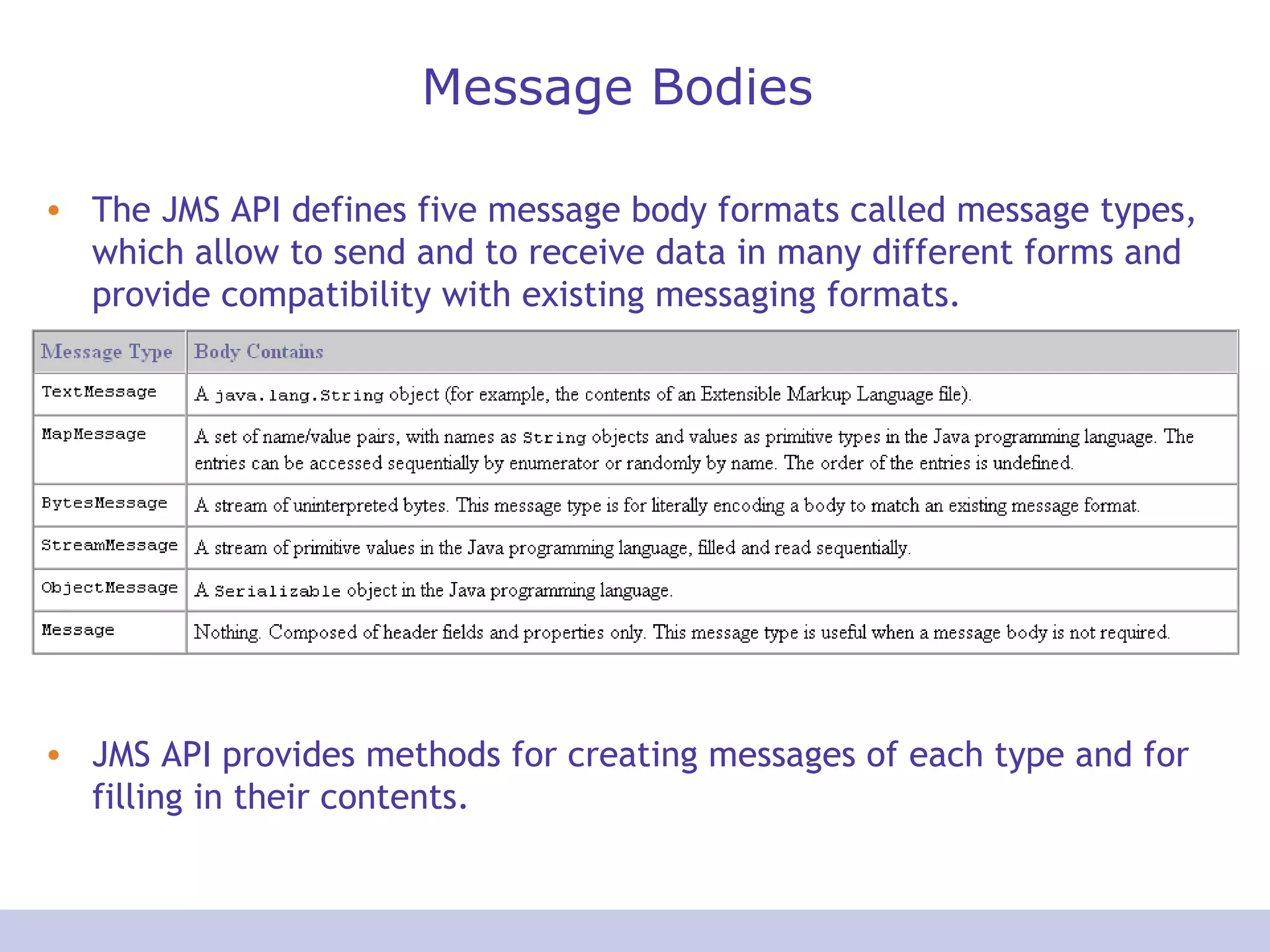 Message Bodies
• The JMS API defines five message body formats called message types,
which allow to send and to receive data in many different forms and
provide compatibility with existing messaging formats.
• JMS API provides methods for creating messages of each type and for
filling in their contents.
 