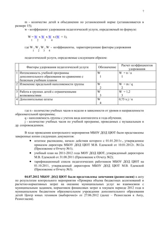 7



      m - количество детей в объединении по установленной норме (устанавливается в
размере 15);
      w - коэффициент удорожания педагогической услуги, определяемый по формуле:

        W = W x W x W x (W + 1),
          1       2   3       4

      где W , W , W , W - коэффициенты, характеризующие факторы удорожания
              1   2   3   4

      педагогической услуги, определяемые следующим образом:

                                                                        Расчет коэффициентов
       Факторы удорожания педагогической услуги          Обозначение
                                                                             удорожания
1 Интенсивность учебной программы                       W              W =n/a
  дополнительного образования по сравнению с             1              1
  базисным учебным планом
2 Изменение предельной наполняемости группы             W              W =m/q
                                                         2               2
3 Работа в группах детей с ограниченными                W              W = 1,2
  возможностями                                          3               3
4 Дополнительные штаты                                  W              0,75 x j / n
                                                         4

       где n - количество учебных часов в неделю в зависимости от уровня и направленности
образовательной программы;
       q - наполняемость группы с учетом вида контингента и года обучения;
       j - количество учебных часов по учебной программе, проводимых с музыкальным и
др. сопровождением.

      В ходе проведения контрольного мероприятия МБОУ ДОД ЦЮТ были представлены
заверенные копии следующих документов:
         • штатное расписание, начало действия которого с 01.01.2011г., утвержденное
             приказом директора МБОУ ДОД ЦЮТ М.В. Едемской от 10.01.2012г. №12а
             (Приложение к Отчету №1);
         • учебный план на 2011-2012 года МОУ ДОД ЦЮТ, утвержденный директором
             М.В. Едемской от 31.08.2011 (Приложение к Отчету №2);
         • тарификационный список педагогических работников МБОУ ДОД ЦЮТ на
             01.10.2011, утвержденный директором МБОУ ДОД ЦЮТ М.В. Едемской
             (Приложение к Отчету №3).

      04.07.2012 МБОУ ДОД ЦЮТ были представлены замечания (разногласия) к акту
по результатам контрольного мероприятия «Проверка объема бюджетных ассигнований и
расчетно-нормативных затрат на оказание муниципальных услуг во взаимосвязи с
муниципальным заданием, нормативом финансовых затрат в текущем периоде 2012 года в
муниципальном бюджетном образовательном учреждении дополнительного образования
детей Центр юных техников (выборочно)» от 27.06.2012 (далее – Разногласия к Акту,
Разногласия).
 