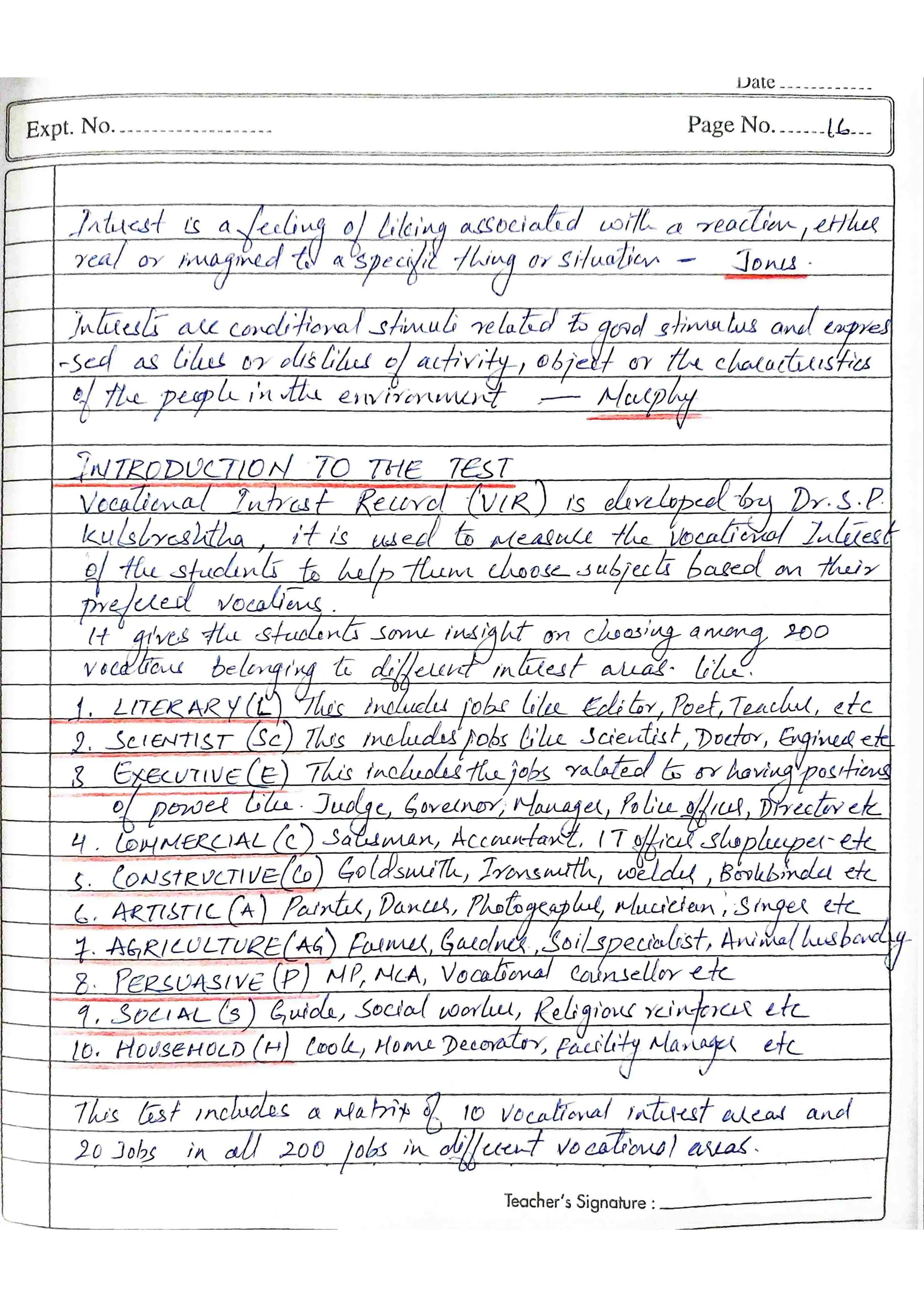 TEST VIR Vocational Interest Record Kulshreshtha MA Psy Sem3 2022-24