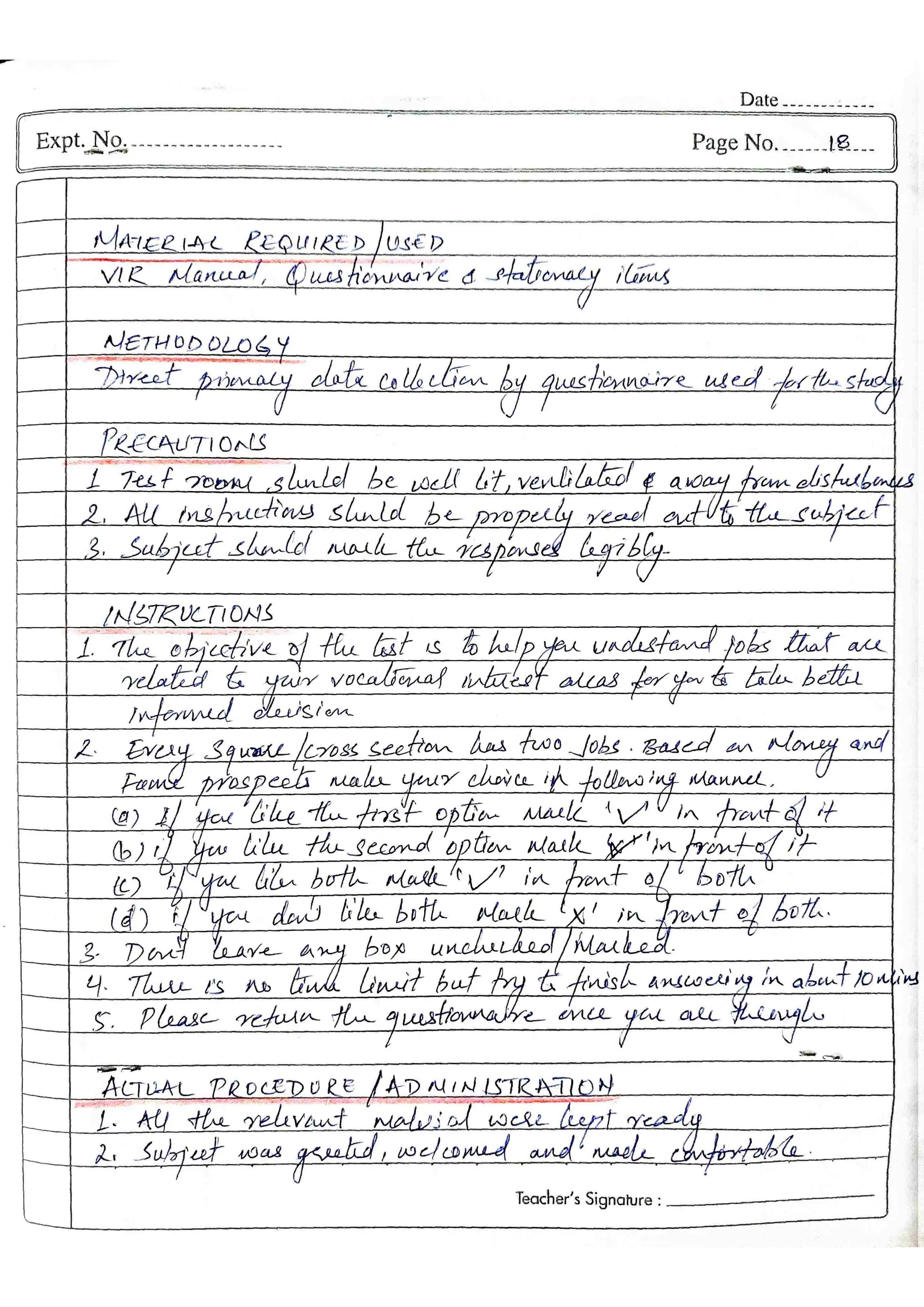 TEST VIR Vocational Interest Record Kulshreshtha MA Psy Sem3 2022-24