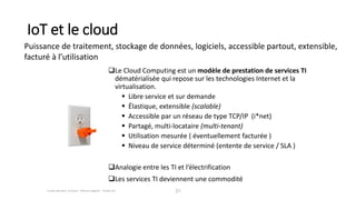 IoT et le cloud
Le Cloud Computing est un modèle de prestation de services TI
dématérialisée qui repose sur les technologies Internet et la
virtualisation.
 Libre service et sur demande
 Élastique, extensible (scalable)
 Accessible par un réseau de type TCP/IP (i*net)
 Partagé, multi-locataire (multi-tenant)
 Utilisation mesurée ( éventuellement facturée )
 Niveau de service déterminé (entente de service / SLA )
Analogie entre les TI et l’électrification
Les services TI deviennent une commodité
21La sécurité dans le Cloud - Clément Gagnon - Tactika inc.
Puissance de traitement, stockage de données, logiciels, accessible partout, extensible,
facturé à l’utilisation
 