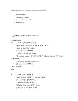 Each application has its own codes for each functionality.

     1. product display
     2. product quick search
     3. product advanced search
     4. shopping cart




Appendix B. Database Schema Definitions

Application 2:
CREATE TABLE [dbo].[Order_Items] (
        [Order_Item_ID] [int] IDENTITY (1, 1) NOT NULL ,
        [Order_ID] [int] NOT NULL ,
        [Item_ID] [int] NOT NULL ,
        [Category_ID] [int] NOT NULL ,
        [Description] [varchar] (100) COLLATE SQL_Latin1_General_CP1_CI_AS
NOT NULL ,
        [PricePerUnit] [money] NOT NULL ,
        [Quantity] [int] NOT NULL
) ON [PRIMARY]
GO


CREATE TABLE [dbo].[Orders] (
        [Order_ID] [int] IDENTITY (1, 1) NOT NULL ,
        [Shopper_ID] [int] NOT NULL ,
        [Total_Cost] [money] NOT NULL ,
        [Shipping_Cost] [money] NOT NULL ,
        [Sales_Tax] [money] NOT NULL ,
 