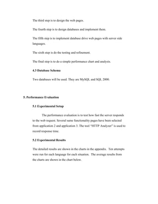 The third step is to design the web pages.

      The fourth step is to design databases and implement them.

      The fifth step is to implement database drive web pages with server side
      languages.

      The sixth step is do the testing and refinement.

      The final step is to do a simple performance chart and analysis.

      4.3 Database Schema

      Two databases will be used. They are MySQL and SQL 2000.




5. Performance Evaluation

      5.1 Experimental Setup

             The performance evaluation is to test how fast the server responds
      to the web request. Several same functionality pages have been selected
      from application 2 and application 3. The tool “HTTP Analyzer” is used to
      record response time.

      5.2 Experimental Results

      The detailed results are shown in the charts in the appendix. Ten attempts
      were run for each language for each situation. The average results from
      the charts are shown in the chart below.
 