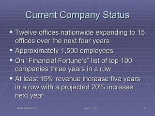 Current Company Status
 Twelve offices nationwide expanding to 15
  offices over the next four years
 Approximately 1,500 employees
 On “Financial Fortune’s” list of top 100
  companies three years in a row
 At least 15% revenue increase five years
  in a row with a projected 20% increase
  next year
  Global Marketing, Inc.   April 12, 2012    3
 