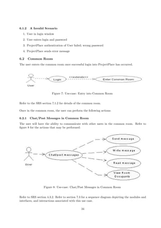6.1.2   A Invalid Scenario
  1. User in login window
  2. User enters login and password
  3. ProjectPlace authentication of User failed; wrong password
  4. ProjectPlace sends error message

6.2     Common Room
The user enters the common room once successful login into ProjectPlace has occurred.




                        Figure 7: Use-case: Entry into Common Room


Refer to the SRS section 7.1.2 for details of the common room.

Once in the common room, the user can perform the following actions:

6.2.1   Chat/Post Messages in Common Room
The user will have the ability to communicate with other users in the common room. Refer to
ﬁgure 8 for the actions that may be performed:




                  Figure 8: Use-case: Chat/Post Messages in Common Room


Refer to SRS section 4.3.2. Refer to section 7.3 for a sequence diagram depicting the modules and
interfaces, and interactions associated with this use case.

                                               34
 