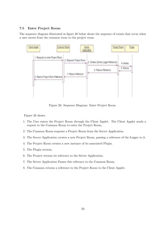 7.5   Enter Project Room
The sequence diagram illustrated in ﬁgure 28 below shows the sequence of events that occur when
a user moves from the common room to the project room




                      Figure 28: Sequence Diagram: Enter Project Room


   Figure 28 shows:

  1. The User enters the Project Room through the Client Applet. The Client Applet sends a
     request to the Common Room to enter the Project Room.

  2. The Common Room requests a Project Room from the Server Application.

  3. The Server Application creates a new Project Room, passing a reference of the Logger to it.

  4. The Project Room creates a new instance of its associated Plugin.

  5. The Plugin returns.

  6. The Project returns its reference to the Server Application.

  7. The Server Application Passes this reference to the Common Room.

  8. The Common returns a reference to the Project Room to the Client Applet.




                                               50
 