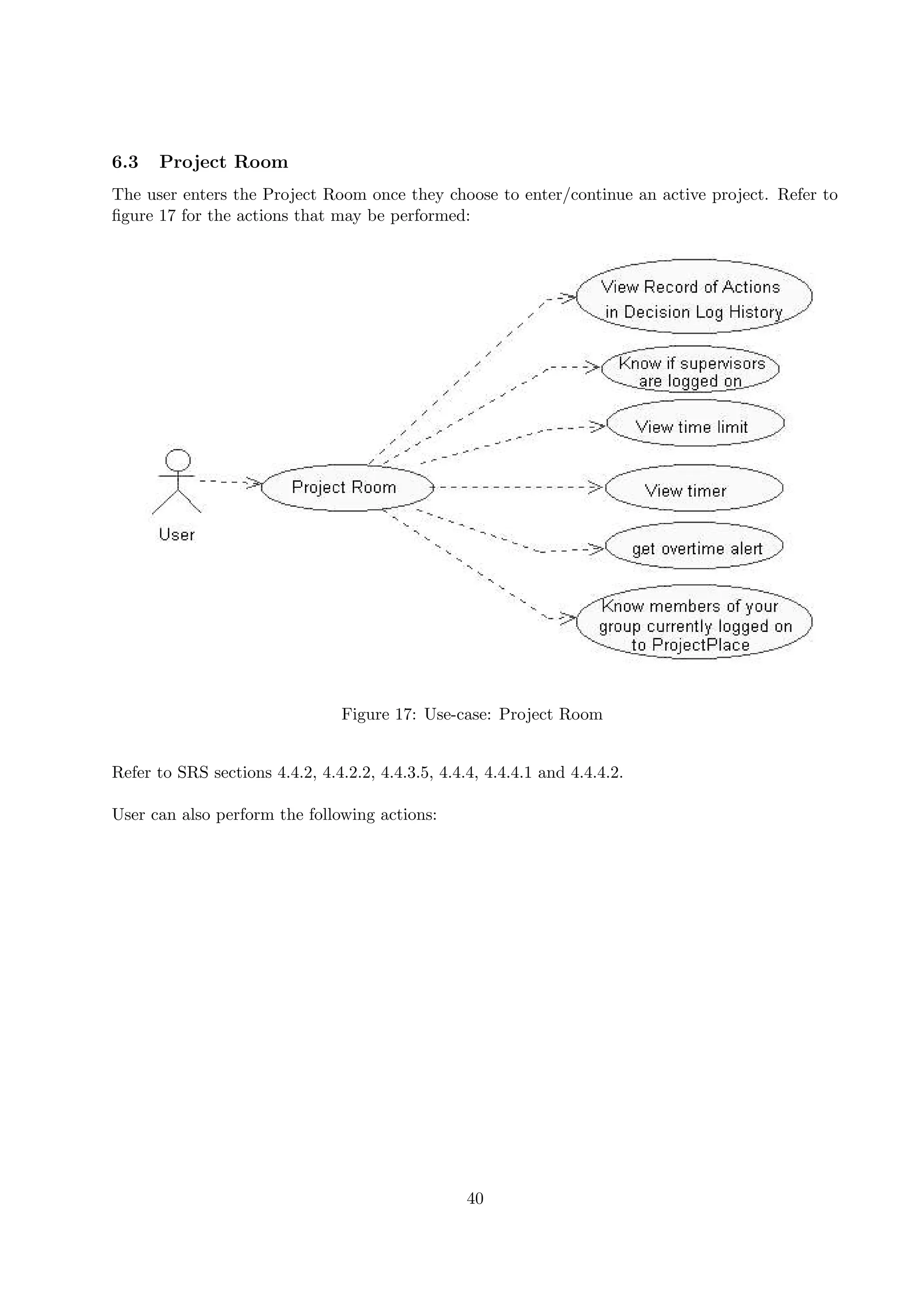 6.3   Project Room
The user enters the Project Room once they choose to enter/continue an active project. Refer to
ﬁgure 17 for the actions that may be performed:




                                 Figure 17: Use-case: Project Room


Refer to SRS sections 4.4.2, 4.4.2.2, 4.4.3.5, 4.4.4, 4.4.4.1 and 4.4.4.2.

User can also perform the following actions:




                                                   40
 