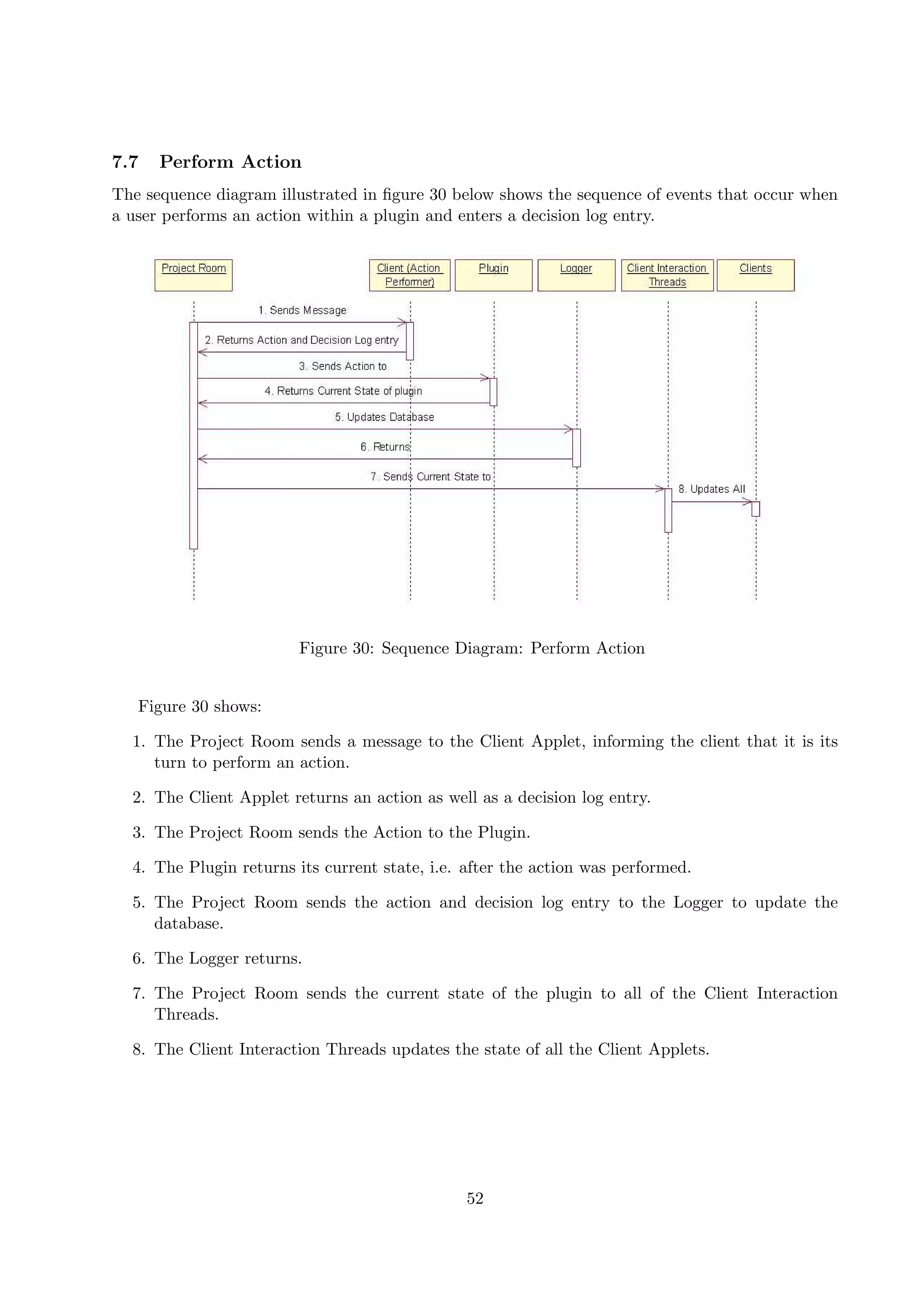 7.7   Perform Action
The sequence diagram illustrated in ﬁgure 30 below shows the sequence of events that occur when
a user performs an action within a plugin and enters a decision log entry.




                        Figure 30: Sequence Diagram: Perform Action


   Figure 30 shows:

  1. The Project Room sends a message to the Client Applet, informing the client that it is its
     turn to perform an action.

  2. The Client Applet returns an action as well as a decision log entry.

  3. The Project Room sends the Action to the Plugin.

  4. The Plugin returns its current state, i.e. after the action was performed.

  5. The Project Room sends the action and decision log entry to the Logger to update the
     database.

  6. The Logger returns.

  7. The Project Room sends the current state of the plugin to all of the Client Interaction
     Threads.

  8. The Client Interaction Threads updates the state of all the Client Applets.




                                                52
 