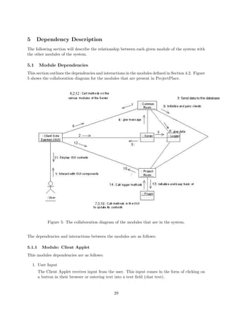 5     Dependency Description
The following section will describe the relationship between each given module of the system with
the other modules of the system.

5.1     Module Dependencies
This section outlines the dependencies and interactions in the modules deﬁned in Section 4.2. Figure
5 shows the collaboration diagram for the modules that are present in ProjectPlace.




             Figure 5: The collaboration diagram of the modules that are in the system.


The dependencies and interactions between the modules are as follows:

5.1.1     Module: Client Applet
This modules dependencies are as follows:

    1. User Input
        The Client Applet receives input from the user. This input comes in the form of clicking on
        a button in their browser or entering text into a text ﬁeld (chat text).


                                                 29
 