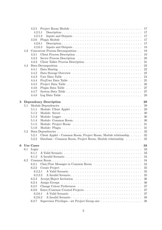 4.2.5 Project Room Module . . . . . .       .   .   .   .   .   .   .   .   .   .   .   .   .   .   .   .   .   .   .   .   .   .   .   .   .   17
           4.2.5.1 Description . . . . . . . . . .   .   .   .   .   .   .   .   .   .   .   .   .   .   .   .   .   .   .   .   .   .   .   .   .   .   17
           4.2.5.2 Inputs and Outputs . . . . .      .   .   .   .   .   .   .   .   .   .   .   .   .   .   .   .   .   .   .   .   .   .   .   .   .   17
         4.2.6 Plugin Module . . . . . . . . . .     .   .   .   .   .   .   .   .   .   .   .   .   .   .   .   .   .   .   .   .   .   .   .   .   .   17
           4.2.6.1 Description . . . . . . . . . .   .   .   .   .   .   .   .   .   .   .   .   .   .   .   .   .   .   .   .   .   .   .   .   .   .   17
           4.2.6.2 Inputs and Outputs . . . . .      .   .   .   .   .   .   .   .   .   .   .   .   .   .   .   .   .   .   .   .   .   .   .   .   .   18
   4.3   Concurrent Process Decomposition . . .      .   .   .   .   .   .   .   .   .   .   .   .   .   .   .   .   .   .   .   .   .   .   .   .   .   19
         4.3.1 Client Process Description . . . .    .   .   .   .   .   .   .   .   .   .   .   .   .   .   .   .   .   .   .   .   .   .   .   .   .   19
         4.3.2 Server Process Description . . .      .   .   .   .   .   .   .   .   .   .   .   .   .   .   .   .   .   .   .   .   .   .   .   .   .   20
         4.3.3 Client Talker Process Description     .   .   .   .   .   .   .   .   .   .   .   .   .   .   .   .   .   .   .   .   .   .   .   .   .   21
   4.4   Data Decomposition . . . . . . . . . . .    .   .   .   .   .   .   .   .   .   .   .   .   .   .   .   .   .   .   .   .   .   .   .   .   .   22
         4.4.1 Data Sharing . . . . . . . . . . .    .   .   .   .   .   .   .   .   .   .   .   .   .   .   .   .   .   .   .   .   .   .   .   .   .   22
         4.4.2 Data Storage Overview . . . . .       .   .   .   .   .   .   .   .   .   .   .   .   .   .   .   .   .   .   .   .   .   .   .   .   .   22
         4.4.3 User Data Table . . . . . . . . .     .   .   .   .   .   .   .   .   .   .   .   .   .   .   .   .   .   .   .   .   .   .   .   .   .   24
         4.4.4 ProjUser Data Table . . . . . . .     .   .   .   .   .   .   .   .   .   .   .   .   .   .   .   .   .   .   .   .   .   .   .   .   .   25
         4.4.5 Project Data Table . . . . . . . .    .   .   .   .   .   .   .   .   .   .   .   .   .   .   .   .   .   .   .   .   .   .   .   .   .   26
         4.4.6 Plugin Data Table . . . . . . . .     .   .   .   .   .   .   .   .   .   .   .   .   .   .   .   .   .   .   .   .   .   .   .   .   .   27
         4.4.7 System Data Table . . . . . . . .     .   .   .   .   .   .   .   .   .   .   .   .   .   .   .   .   .   .   .   .   .   .   .   .   .   27
         4.4.8 Log Data Table . . . . . . . . . .    .   .   .   .   .   .   .   .   .   .   .   .   .   .   .   .   .   .   .   .   .   .   .   .   .   28

5 Dependency Description                                                                                                                                 29
  5.1 Module Dependencies . . . . . . . . . . . . . . . . . . . . . . . . . . . . . .                                                .   .   .   .   .   29
      5.1.1 Module: Client Applet . . . . . . . . . . . . . . . . . . . . . . . . . .                                                .   .   .   .   .   29
      5.1.2 Module: Server . . . . . . . . . . . . . . . . . . . . . . . . . . . . . .                                               .   .   .   .   .   30
      5.1.3 Module: Logger . . . . . . . . . . . . . . . . . . . . . . . . . . . . . .                                               .   .   .   .   .   30
      5.1.4 Module: Common Room . . . . . . . . . . . . . . . . . . . . . . . . .                                                    .   .   .   .   .   30
      5.1.5 Module: Project Room . . . . . . . . . . . . . . . . . . . . . . . . .                                                   .   .   .   .   .   31
      5.1.6 Module: Plugin . . . . . . . . . . . . . . . . . . . . . . . . . . . . . .                                               .   .   .   .   .   31
  5.2 Data Dependencies . . . . . . . . . . . . . . . . . . . . . . . . . . . . . . . .                                              .   .   .   .   .   32
      5.2.1 Client Applet - Common Room, Project Room, Module relationship                                                           .   .   .   .   .   32
      5.2.2 Database - Common Room, Project Room, Module relationship . .                                                            .   .   .   .   .   32

6 Use Cases                                                                                                                                              33
  6.1 Login . . . . . . . . . . . . . . . . . . . . . . . . . .                  .   .   .   .   .   .   .   .   .   .   .   .   .   .   .   .   .   .   33
      6.1.1 A Valid Scenario . . . . . . . . . . . . . . . .                     .   .   .   .   .   .   .   .   .   .   .   .   .   .   .   .   .   .   33
      6.1.2 A Invalid Scenario . . . . . . . . . . . . . . .                     .   .   .   .   .   .   .   .   .   .   .   .   .   .   .   .   .   .   34
  6.2 Common Room . . . . . . . . . . . . . . . . . . . . .                      .   .   .   .   .   .   .   .   .   .   .   .   .   .   .   .   .   .   34
      6.2.1 Chat/Post Messages in Common Room . . .                              .   .   .   .   .   .   .   .   .   .   .   .   .   .   .   .   .   .   34
      6.2.2 Create Project . . . . . . . . . . . . . . . . .                     .   .   .   .   .   .   .   .   .   .   .   .   .   .   .   .   .   .   35
        6.2.2.1 A Valid Scenario . . . . . . . . . . . . .                       .   .   .   .   .   .   .   .   .   .   .   .   .   .   .   .   .   .   35
        6.2.2.2 A Invalid Scenario . . . . . . . . . . . . .                     .   .   .   .   .   .   .   .   .   .   .   .   .   .   .   .   .   .   35
      6.2.3 Accept/Reject Invitation . . . . . . . . . . .                       .   .   .   .   .   .   .   .   .   .   .   .   .   .   .   .   .   .   36
      6.2.4 Assign Groups . . . . . . . . . . . . . . . . .                      .   .   .   .   .   .   .   .   .   .   .   .   .   .   .   .   .   .   36
      6.2.5 Change Colour Preferences . . . . . . . . . .                        .   .   .   .   .   .   .   .   .   .   .   .   .   .   .   .   .   .   37
      6.2.6 Enter/Continue Created Projects . . . . . . .                        .   .   .   .   .   .   .   .   .   .   .   .   .   .   .   .   .   .   37
        6.2.6.1 A Valid Scenario . . . . . . . . . . . . .                       .   .   .   .   .   .   .   .   .   .   .   .   .   .   .   .   .   .   37
        6.2.6.2 A Invalid Scenario . . . . . . . . . . . . .                     .   .   .   .   .   .   .   .   .   .   .   .   .   .   .   .   .   .   38
      6.2.7 Supervisor Privileges - set Project Group size                       .   .   .   .   .   .   .   .   .   .   .   .   .   .   .   .   .   .   38


                                                 3
 