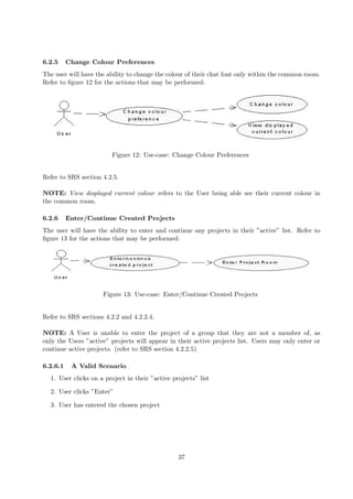 6.2.5     Change Colour Preferences
The user will have the ability to change the colour of their chat font only within the common room.
Refer to ﬁgure 12 for the actions that may be performed:




                        Figure 12: Use-case: Change Colour Preferences


Refer to SRS section 4.2.5.

NOTE: View displayed current colour refers to the User being able see their current colour in
the common room.

6.2.6     Enter/Continue Created Projects
The user will have the ability to enter and continue any projects in their ”active” list. Refer to
ﬁgure 13 for the actions that may be performed:




                     Figure 13: Use-case: Enter/Continue Created Projects


Refer to SRS sections 4.2.2 and 4.2.2.4.

NOTE: A User is unable to enter the project of a group that they are not a member of, as
only the Users ”active” projects will appear in their active projects list. Users may only enter or
continue active projects. (refer to SRS section 4.2.2.5)

6.2.6.1    A Valid Scenario
  1. User clicks on a project in their ”active projects” list

  2. User clicks ”Enter”

  3. User has entered the chosen project




                                                 37
 