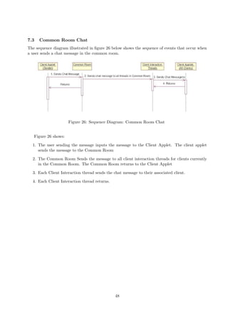 7.3   Common Room Chat
The sequence diagram illustrated in ﬁgure 26 below shows the sequence of events that occur when
a user sends a chat message in the common room.




                      Figure 26: Sequence Diagram: Common Room Chat


   Figure 26 shows:

  1. The user sending the message inputs the message to the Client Applet. The client applet
     sends the message to the Common Room

  2. The Common Room Sends the message to all client interaction threads for clients currently
     in the Common Room. The Common Room returns to the Client Applet

  3. Each Client Interaction thread sends the chat message to their associated client.

  4. Each Client Interaction thread returns.




                                               48
 