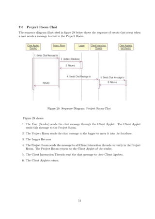 7.6   Project Room Chat
The sequence diagram illustrated in ﬁgure 29 below shows the sequence of events that occur when
a user sends a message to chat in the Project Room.




                      Figure 29: Sequence Diagram: Project Room Chat


   Figure 29 shows:

  1. The User (Sender) sends the chat message through the Client Applet. The Client Applet
     sends this message to the Project Room.

  2. The Project Room sends the chat message to the logger to enter it into the database.

  3. The Logger Returns

  4. The Project Room sends the message to all Client Interaction threads currently in the Project
     Room. The Project Room returns to the Client Applet of the sender.

  5. The Client Interaction Threads send the chat message to their Client Applets.

  6. The Client Applets return.




                                               51
 