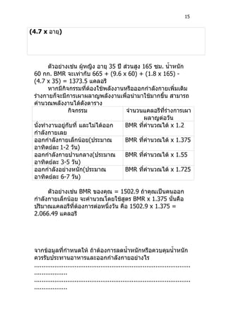15


(4.7 x อายุ)




        ตัวอย่างเช่น ผู้หญิง อายุ 35 ปี ส่วนสูง 165 ซม. นำ้าหนัก
 60 กก. BMR จะเท่ากับ 665 + (9.6 x 60) + (1.8 x 165) -
 (4.7 x 35) = 1373.5 แคลอรี
        หากมีกิจกรรมที่ต้องใช้พลังงานหรือออกกำาลังกายเพิ่มเติม
 ร่างกายก็จะมีการเผาผลาญพลังงานเพื่อนำามาใช้มากขึ้น สามารถ
 คำานวณพลังงานได้ดังตาราง
                กิจกรรม                  จำานวนแคลอรีที่รางการเผา
                                                         ่
                                                ผลาญต่อวัน
 นั่งทำางานอยู่กับที่ และไม่ได้ออก       BMR ที่คำานวณได้ x 1.2
 กำาลังกายเลย
 ออกกำาลังกายเล็กน้อย(ประมาณ             BMR ที่คำานวณได้ x 1.375
 อาทิตย์ละ 1-2 วัน)
 ออกกำาลังกายปานกลาง(ประมาณ              BMR ที่คำานวณได้ x 1.55
 อาทิตย์ละ 3-5 วัน)
 ออกกำาลังอย่างหนัก(ประมาณ               BMR ที่คำานวณได้ x 1.725
 อาทิตย์ละ 6-7 วัน)

       ตัวอย่างเช่น BMR ของคุณ = 1502.9 ถ้าคุณเป็นคนออก
 กำาลังกายเล็กน้อย จะคำานวณโดยใช้สูตร BMR x 1.375 นั่นคือ
 ปริมาณแคลอรีที่ต้องการต่อหนึ่งวัน คือ 1502.9 x 1.375 =
 2.066.49 แคลอรี




 จากข้อมูลที่กำาหนดให้ ถ้าต้องการลดนำ้าหนักหรือควบคุมนำ้าหนัก
 ควรรับประทานอาหารและออกกำาลังกายอย่างไร
 .....................................................................................
 ..................
 .....................................................................................
 ..................
 