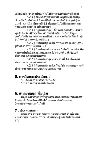 3


เปลียนแปลงจากการใช้เทคโนโลยีสารสนเทศและการสื่อสาร
      ่
            4.2.3 ผู้สอนแจกกระดาษชาร์ตให้ผู้เรียนแต่ละกลุ่ม
เขียนผังมโนทัศน์สรุปเนื้อหาทีได้ศึกษาและติดไว้ ณ จุดที่ผู้สอน
                                ่
แนะนำา และให้ทำาใบงานที่ 1.1 เรื่องเทคโนโลยีสารสนเทศและ
การสื่อสาร ตามหัวข้อที่กลุ่มศึกษา
            4.2.4 ผู้เรียนแต่ละกลุ่มเปลี่ยนหัวข้อการศึกษาจนครบ
ทุกหัวข้อ โดยศึกษาเนื้อหาจากหนังสื่อเรียนรายวิชาพื้นฐาน
เทคโนโลยีสารสนเทศและการสื่อสาร และจากผังมโนทัศน์ที่กลุม         ่
อื่นได้ทำาไว้ และทำาใบงานที่ 1.1
            4.2.5 ผู้เรียนและผู้สอนร่วมการอภิปรายและสรุปความ
รูที่ได้จากการทำาใบงานที่ 1.1
  ้
            4.2.6 ผู้เรียนศึกษาเนื้อหาจากหนังสือเรียนรายวิชาพื้น
ฐานเทคโนโลยีสารสนเทศและการสื่อสารบทที่ 1 หัวข้อองค์
ประกอบของระบบสารสนเทศ
            4.2.7 ผุ้เรียนแต่ละกลุ่มทำารายงานที่ 1.2 เรื่ององค์
ประกอบของระบบสารสนเทศ
            4.2.8 ผู้เรียนและผู้สอนร่วมกันอภิปรายและสรุปความรู้
ที่ได้จากการศึกษาตัวอย่างระบบสารสนเทศ

5. การวัดและประเมินผล
     5.1 สังเกตการทำากิจกรรมร่วมกัน
     5.2 ตรวจสอบคำาตอบในใบงาน


6. แหล่งข้อมูลเพิ่มเติม
      หนังสือเรียนรายวิชาพื้นฐานเทคโนโลยีสารสนเทศและการ
สื่อสาร ชั้นมัธยมศึกษาปีที่ 4-6 ของสถาส่งเสริมการสอน
วิทยาศาสตร์และเทคโนโลยี

7 . ข้อเสนอแนะ
    ผุ้สอนอาจเตรียมตัวอย่างระบบสารสนเทศอื่นๆ เพิ่มเติม
นอกจากตัวอย่างระบบการถอนเงินสดจากตู้เอทีเอ็มในใบงานที่
1.2
 
