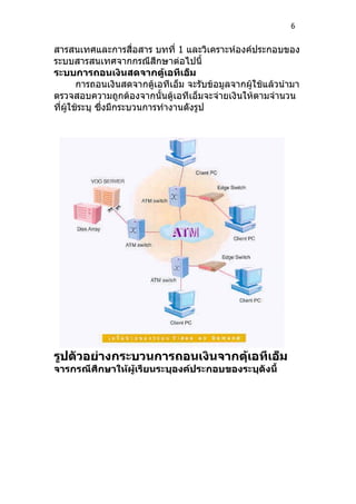 6


สารสนเทศและการสื่อสาร บทที่ 1 และวิเคราะห์องค์ประกอบของ
ระบบสารสนเทศจากกรณีสึกษาต่อไปนี้
ระบบการถอนเงินสดจากตู้เอทีเอ็ม
        การถอนเงินสดจากตู้เอทีเอ็ม จะรับข้อมูลจากผู้ใช้แล้วนำามา
ตรวจสอบความถูกต้องจากนั้นตู้เอทีเอ็มจะจ่ายเงินให้ตามจำานวน
ที่ผู้ใช้ระบุ ซึ่งมีกระบวนการทำางานดังรูป




รูปตัวอย่างกระบวนการถอนเงินจากตุ้เอทีเอ็ม
จารกรณีศึกษาให้ผเรียนระบุองค์ประกอบของระบุดังนี้
                ู้
 