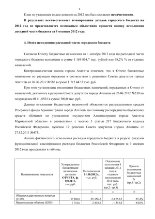 8

      План по указанным видам доходов на 2012 год был составлен некачественно.
      В результате некачественного планирования доходов городского бюджета на
2012 год не представляется возможным объективно провести оценку исполнения
доходной части бюджета за 9 месяцев 2012 года.


      4. Итоги исполнения расходной части городского бюджета


      Согласно Отчету бюджетные назначения на 1 октября 2012 года по расходной части
городского бюджета исполнены в сумме 1 169 854,7 тыс. рублей или 68,2% % от годовых
назначений.
      Контрольно-счетная палата города Апатиты отмечает, что в Отчете бюджетные
назначения по расходам отражены в соответствии с решением Совета депутатов города
Апатиты от 26.06.2012 №586 в сумме 1 715 447,2 тыс. руб.
      При этом установлены отклонения бюджетных назначений, отраженных в Отчете от
назначений, указанных в решении Совета депутатов города Апатиты от 26.06.2012 №539 по
подразделам 0111, 0503 в сумме 300,0 тыс. руб.
      Данные отклонения бюджетных назначений объясняются распределением средств
Резервного фонда Администрации города Апатиты по главному распорядителю бюджетных
средств   «Комитет   по   управлению        имуществом       Администрации     города    Апатиты
Мурманской области» в соответствии с частью 3 статьи 217 Бюджетного кодекса
Российской Федерации, пунктом 19 решения Совета депутатов города Апатиты от
27.12.2011 №473.
      Анализ фактического исполнения расходов городского бюджета в разрезе разделов
функциональной классификации расходов бюджетов Российской Федерации за 9 месяцев
2012 года представлен в таблице.


                                                                     Отклонение
                                   Утвержденные                     исполнения 9
                                                                                       Процент
                                    бюджетныне                       месяцев 2012
                                                                                     исполнения
                                     назначения     Исполнено на        года к
                                                                                     бюджетных
    Наименование показателя           согласно      01.10.2012г.,      годовым
                                                                                     назначений
                                    ОТЧЕТА, ф.        тыс. руб.      назначениям
                                                                                          %
                                      0503117,                        2012 года,
                                                                                     (гр.3 / гр.2)
                                      тыс.руб.                         тыс. руб.
                                                                    (гр.2 - гр.3)
               1                        2                3                4               5
Общегосударственные вопросы
(0100)                                   99 808,8        65 256,3        -34 552,5            65,4%
Национальная оборона (0200)               3 722,6         2 404,2         -1 318,4            64,6%
 