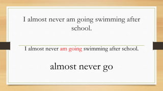 I almost never am going swimming after
school.
I almost never am going swimming after school.
almost never go
 