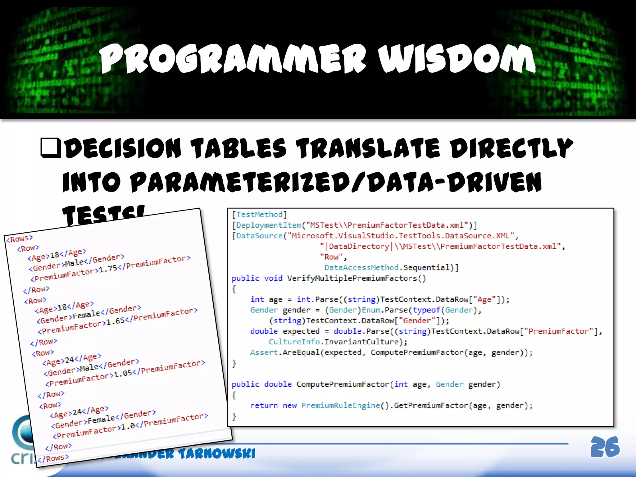 Decision tables translate directly
into parameterized/data-driven
tests!
Alexander Tarnowski 26
Programmer wisdom
 