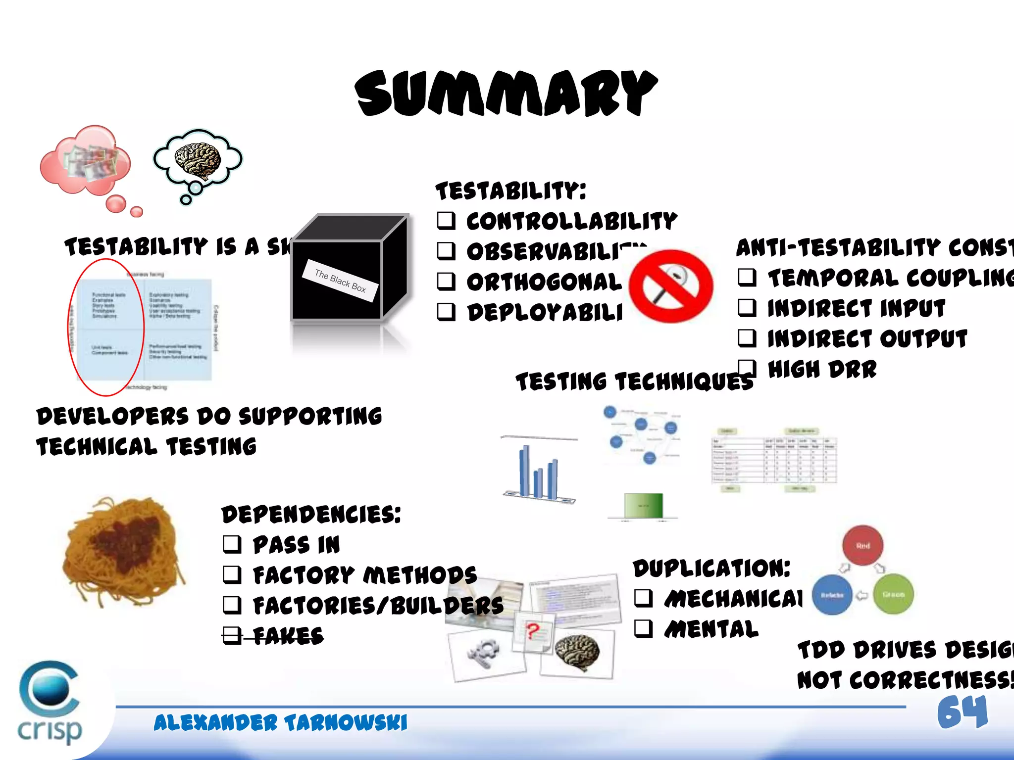 Summary
Alexander Tarnowski 64
Testability is a skill
Developers do supporting
technical testing
Testability:
 Controllability
 Observability
 Orthogonality
 Deployability
Testing techniques
Anti-testability const
 Temporal coupling
 Indirect input
 Indirect output
 High DRR
Duplication:
 Mechanical
 Mental
TDD drives design
not correctness!
Dependencies:
 Pass in
 Factory methods
 Factories/Builders
 Fakes
 