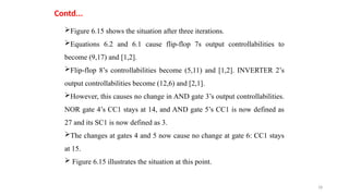 18
Contd...
Figure 6.15 shows the situation after three iterations.
Equations 6.2 and 6.1 cause flip-flop 7s output controllabilities to
become (9,17) and [1,2].
Flip-flop 8’s controllabilities become (5,11) and [1,2]. INVERTER 2’s
output controllabilities become (12,6) and [2,1].
However, this causes no change in AND gate 3’s output controllabilities.
NOR gate 4’s CC1 stays at 14, and AND gate 5’s CC1 is now defined as
27 and its SC1 is now defined as 3.
The changes at gates 4 and 5 now cause no change at gate 6: CC1 stays
at 15.
 Figure 6.15 illustrates the situation at this point.
 