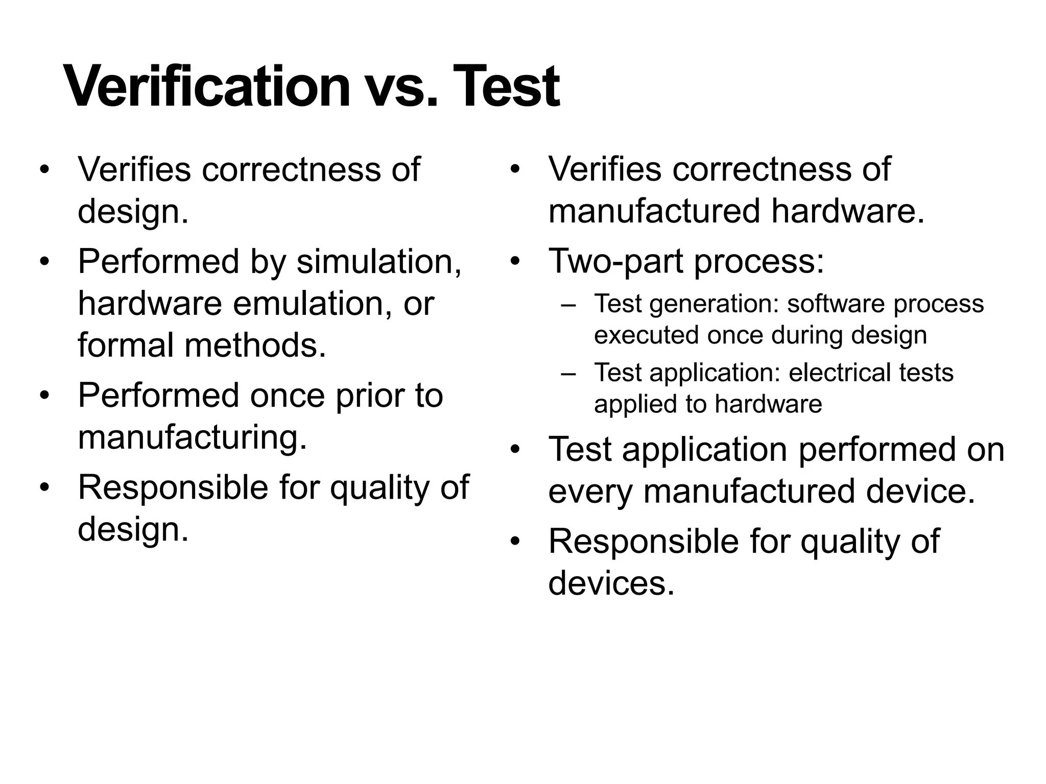 Verification vs. Test
• Verifies correctness of
design.
• Performed by simulation,
hardware emulation, or
formal methods.
• Performed once prior to
manufacturing.
• Responsible for quality of
design.
• Verifies correctness of
manufactured hardware.
• Two-part process:
– Test generation: software process
executed once during design
– Test application: electrical tests
applied to hardware
• Test application performed on
every manufactured device.
• Responsible for quality of
devices.
 