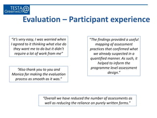 Evaluation – Participant experience
“it’s very easy, I was worried when
I agreed to it thinking what else do
they want me to do but it didn’t
require a lot of work from me”
“Also thank you to you and
Monica for making the evaluation
process as smooth as it was.”
“The findings provided a useful
mapping of assessment
practices that confirmed what
we already suspected in a
quantified manner. As such, it
helped to inform the
programme level assessment
design.”
“Overall we have reduced the number of assessments as
well as reducing the reliance on purely written forms.”
 