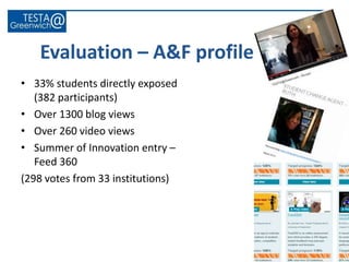 Evaluation – A&F profile
• 33% students directly exposed
(382 participants)
• Over 1300 blog views
• Over 260 video views
• Summer of Innovation entry –
Feed 360
(298 votes from 33 institutions)
 